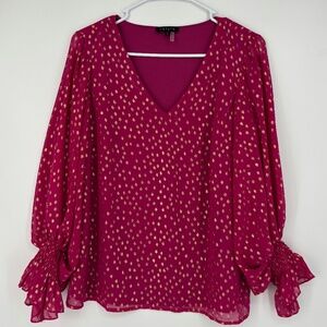 1 State Womens Small Pullover Blouse Fuchsia Pink Gold Metallic Sheer Balloon Sl